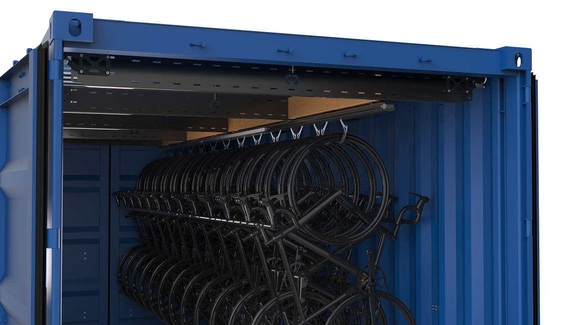 Shipping container filled with Stashed SpaceRail storage systems